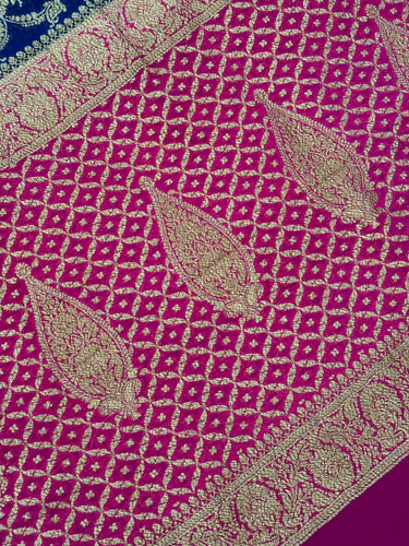 Handwoven Chiffon Saree | Royal Blue & Magenta | Gold Zari | Ships from California